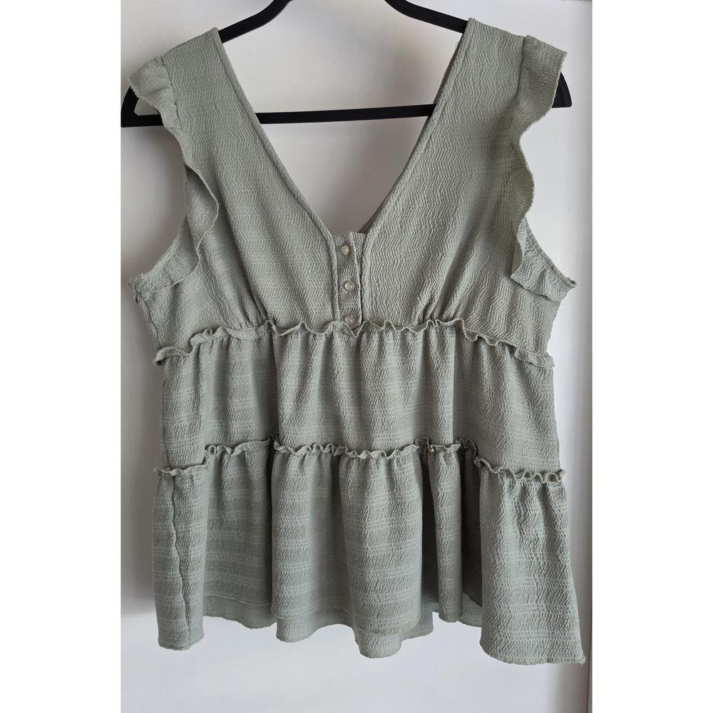Atelier By Kirious Tank Top Women L Sage Green Sleeveless Blouse Ruffle Tiered